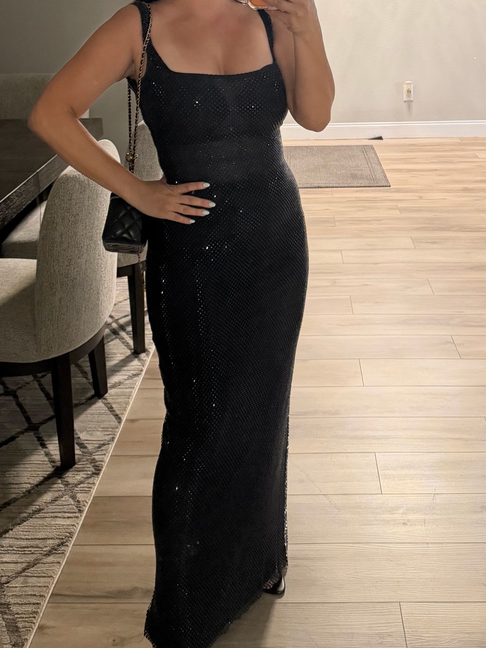 Black Sequin Maxi Slip Dress with Thin Straps